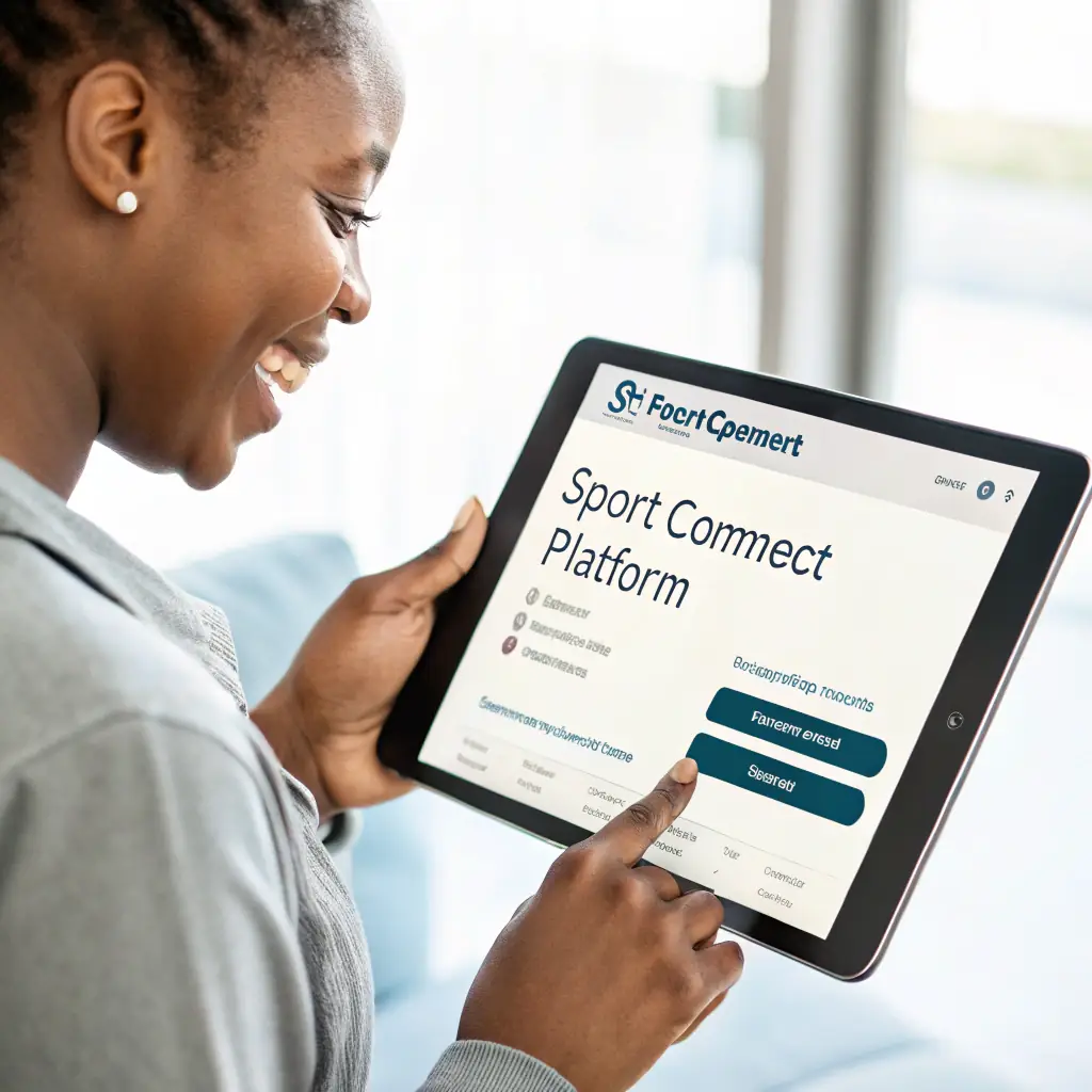 A person signing up for AYXSPORTS membership on a tablet, with a friendly and encouraging expression.