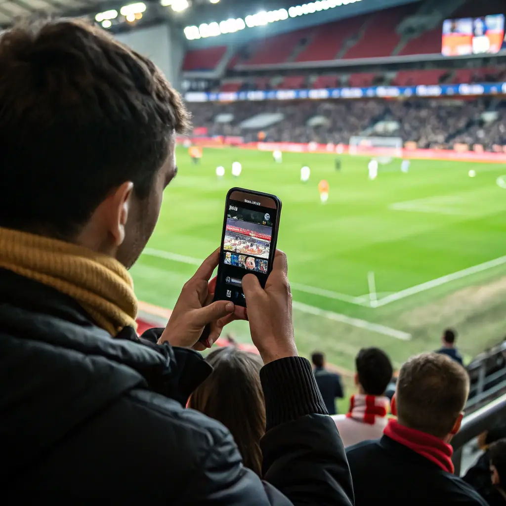 A person enjoying live sports updates and in-depth analysis on the AYXSPORTS app, with a look of excitement.